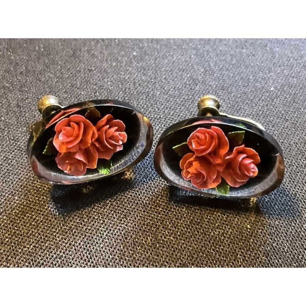 Vintage Reverse Carved Roses Under Resin 1930’s Screw Back